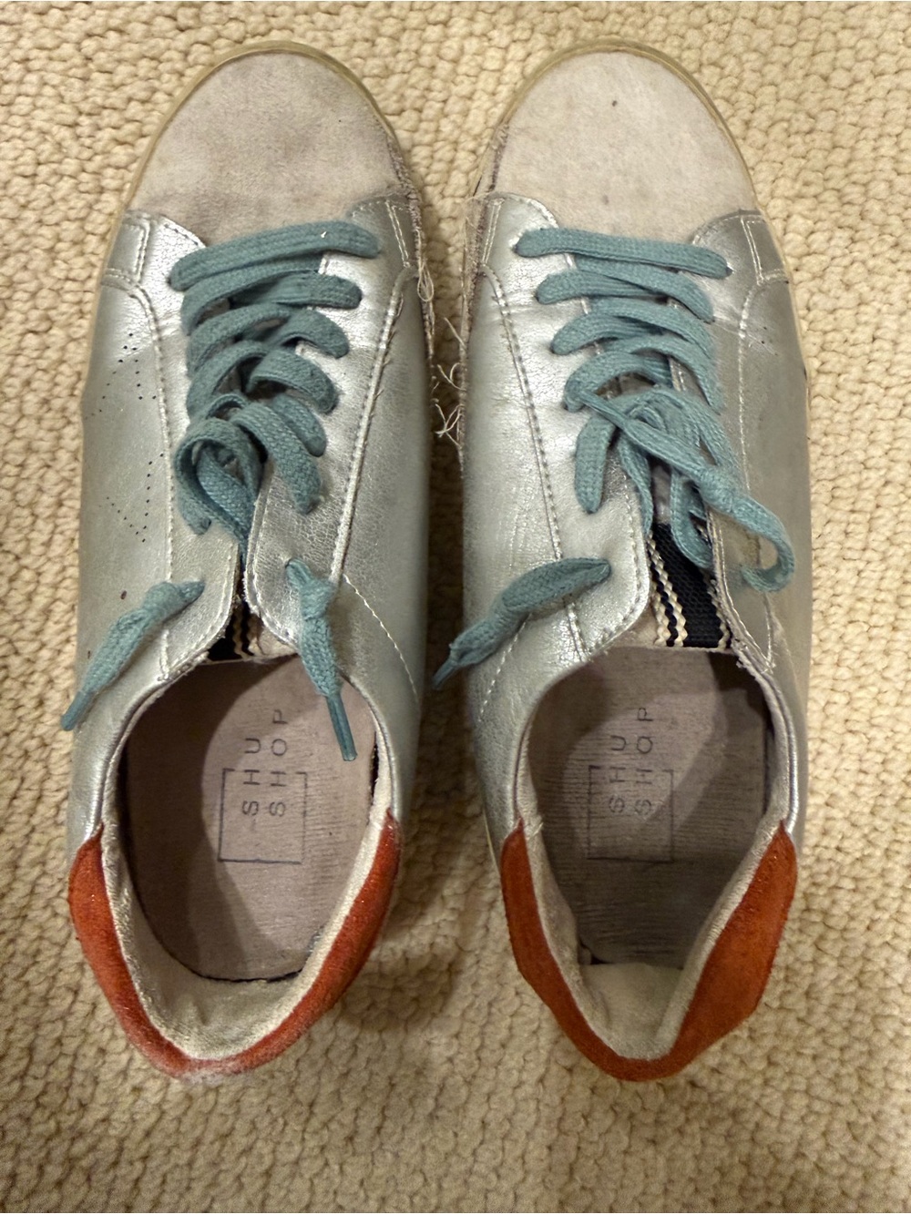 ShuShop Metallic Silver Sneakers with Teal Laces and Rust Heel